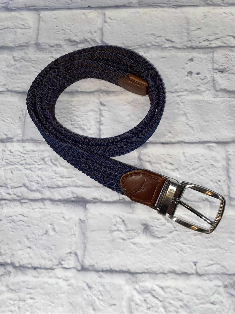 Tommy Bahama Braided Stretch Belt L/XL Leather Trim Blue & Brown